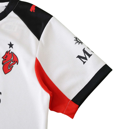 Camisa oficial Mini Mantos Fortaleza kit infantil branca, dragão vermelho, detalhes preto e vermelho