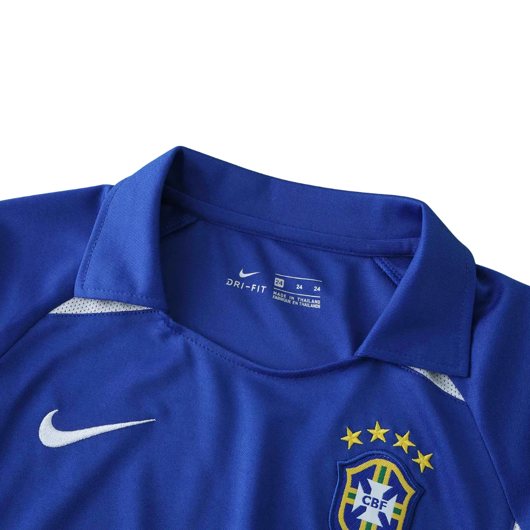 Camisa oficial infantil Mini Mantos do Brasil, kit de futebol azul Nike Dri-FIT com escudo CBF