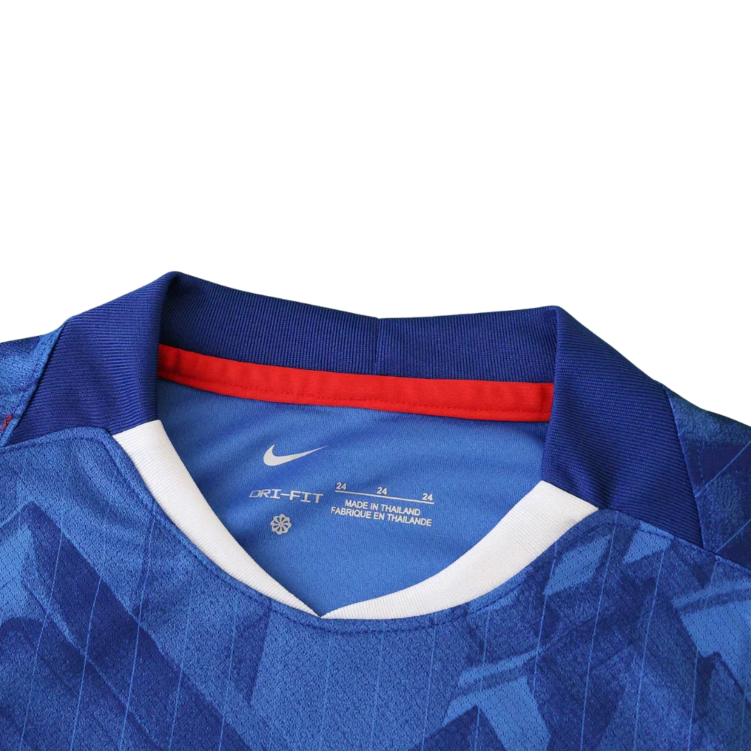 Camisa oficial Mini Mantos infantil kit França azul Nike DRI-FIT, padrão geométrico, detalhes em vermelho e branco