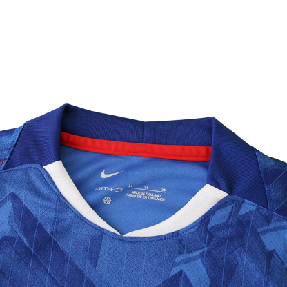 Camisa oficial Mini Mantos infantil kit França azul Nike DRI-FIT, padrão geométrico, detalhes em vermelho e branco
