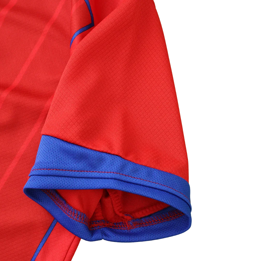 Camisa oficial Mini Mantos kit Espanha infantil, vermelho e azul