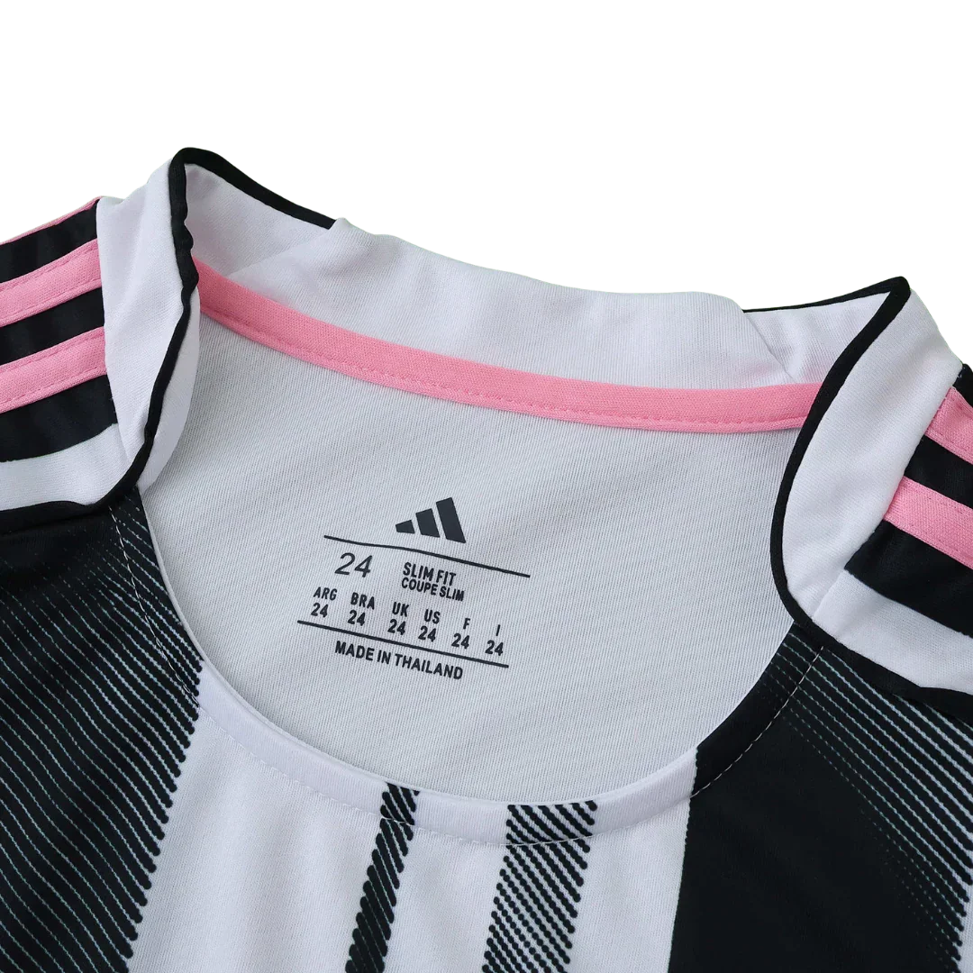 Camisa oficial Mini Mantos kit infantil Juventus 2024 listrada P&B com rosa