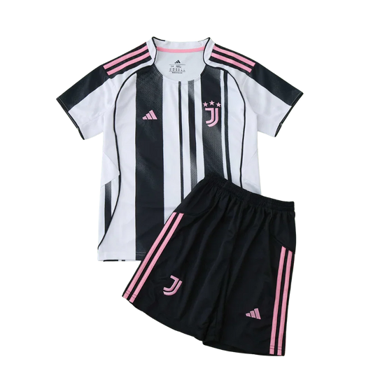 Kit infantil oficial Juventus Mini Mantos - camisa e shorts branco, preto e rosa