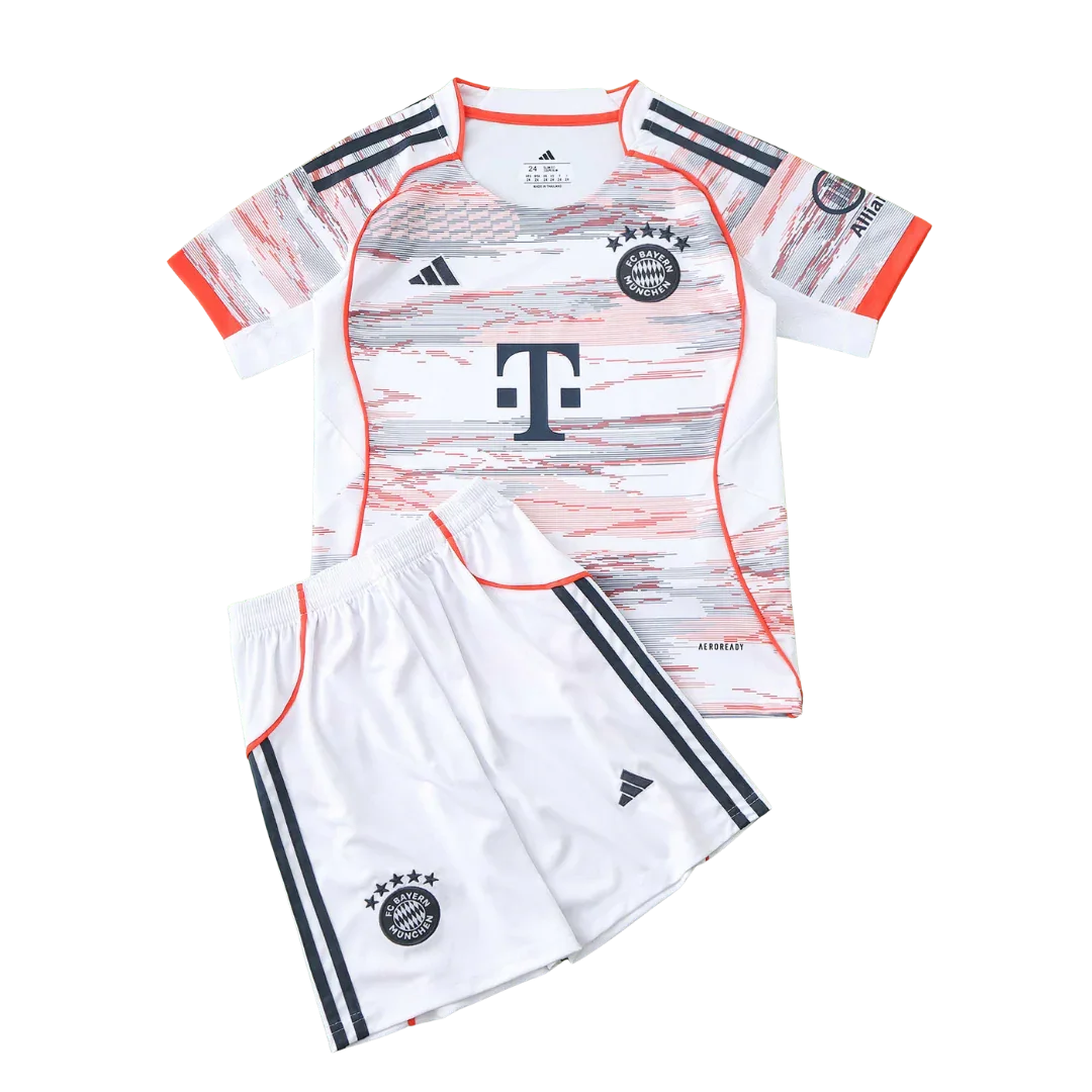 Mini Mantos kit infantil oficial Bayern Munich. Camisa e shorts branco e vermelho
