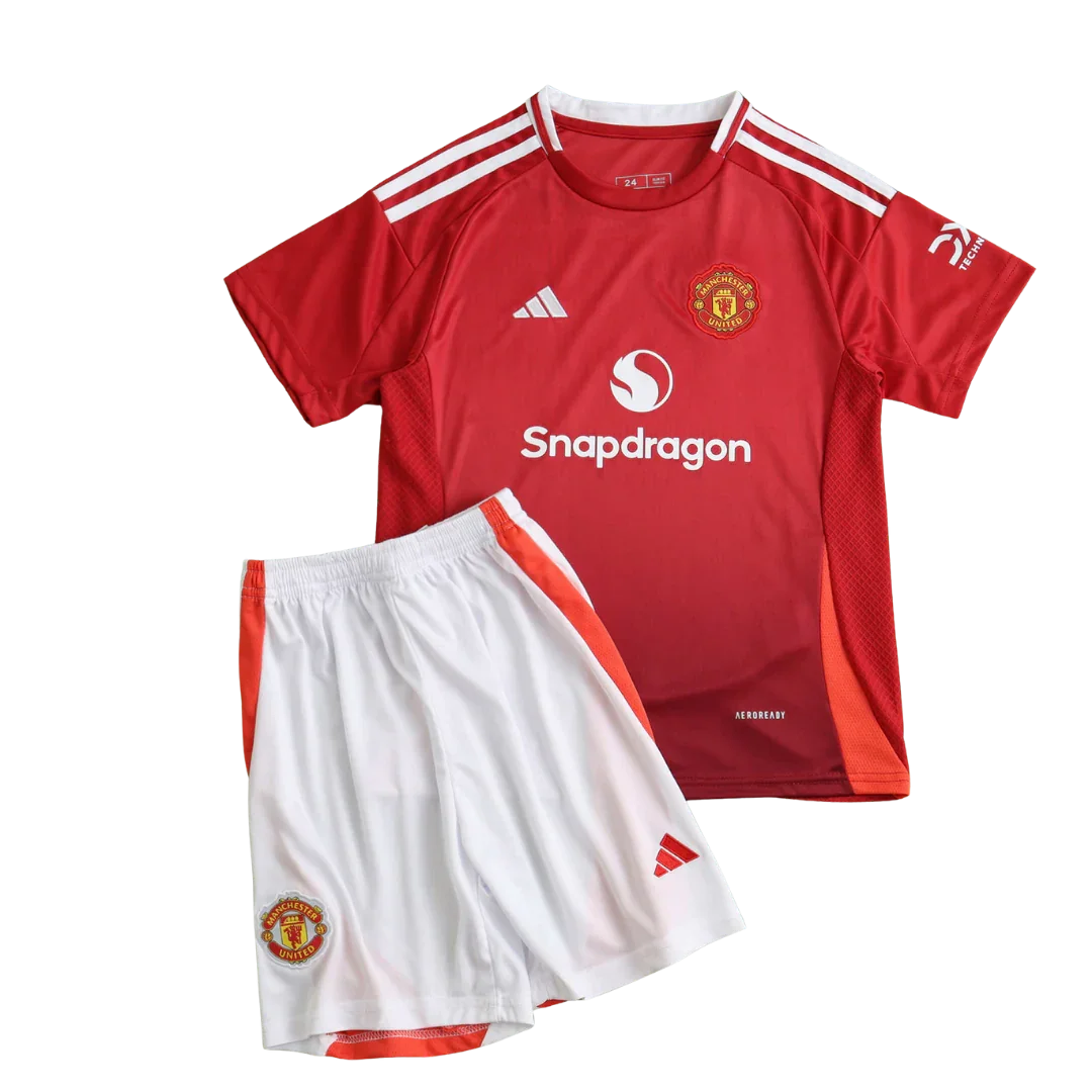 Kit infantil oficial Manchester United, camisa e shorts. Mini Mantos completo.