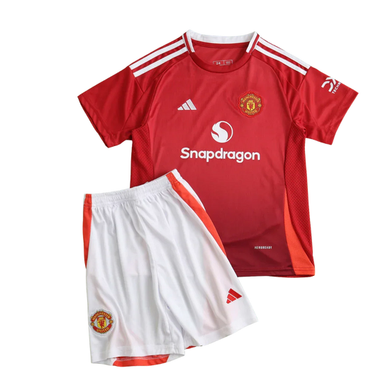 Kit infantil oficial Manchester United, camisa e shorts. Mini Mantos completo.