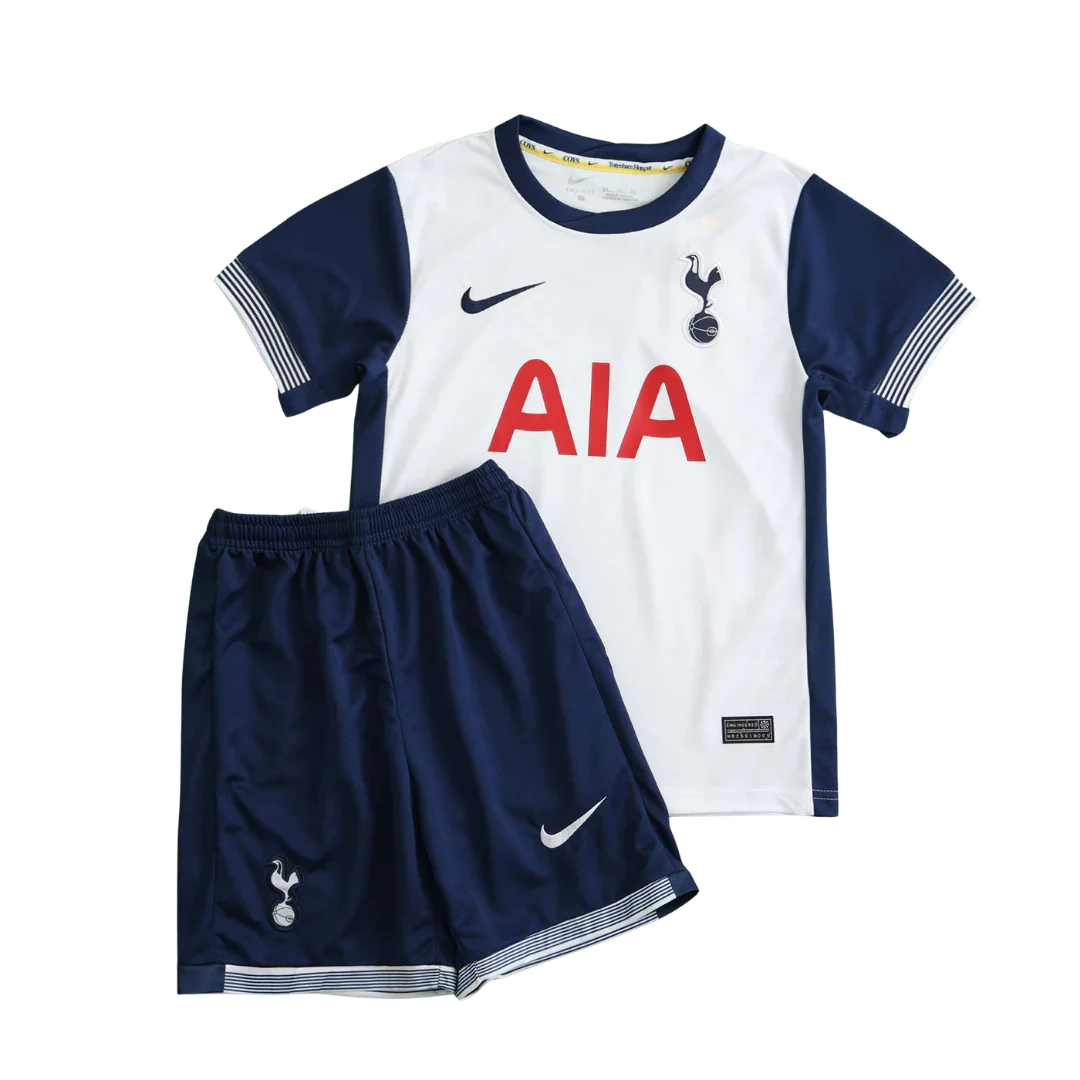 Kit infantil oficial Mini Mantos Tottenham Hotspur. Camisa branca e azul com shorts combinando