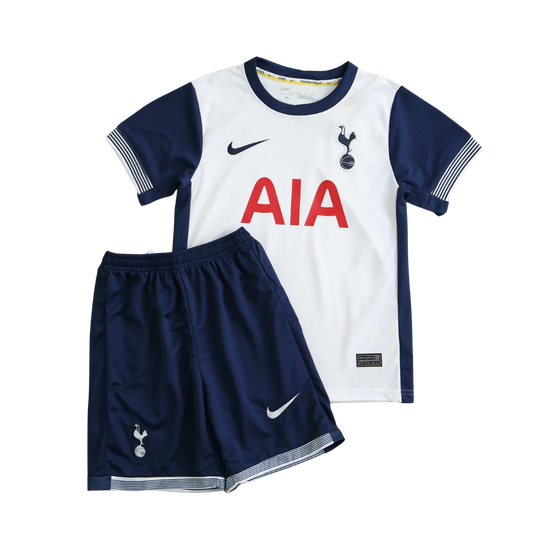 Kit infantil oficial Mini Mantos Tottenham Hotspur. Camisa branca e azul com shorts combinando