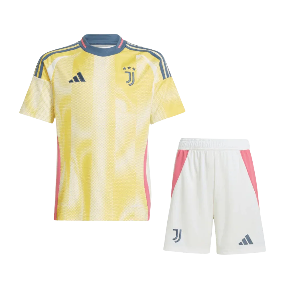 Kit oficial Mini Mantos infantil Juventus, camisa amarela e shorts brancos, 4º uniforme