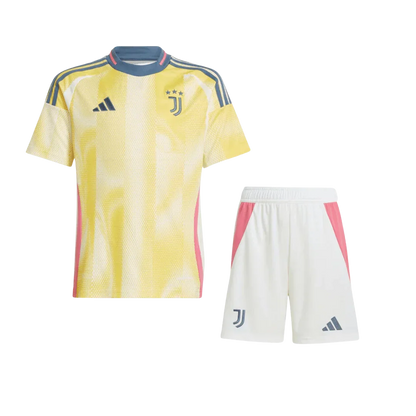 Kit oficial Mini Mantos infantil Juventus, camisa amarela e shorts brancos, 4º uniforme