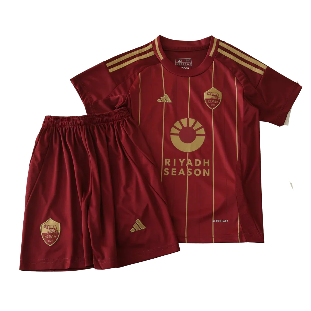 Kit infantil oficial AS Roma Mini Mantos Adidas. Camisa e shorts vermelhos com dourado