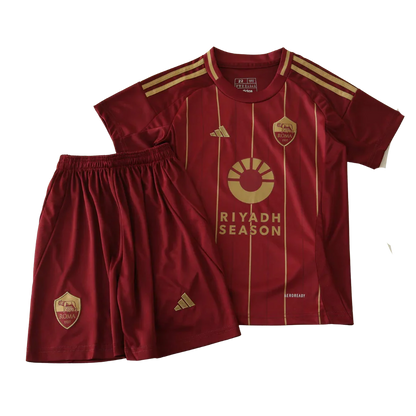 Kit infantil oficial AS Roma Mini Mantos Adidas. Camisa e shorts vermelhos com dourado