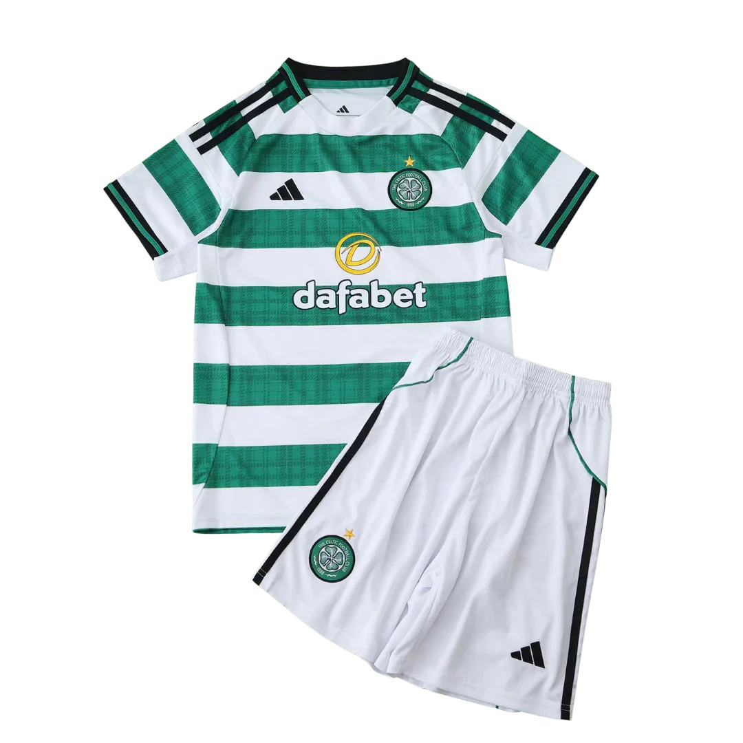 Kit infantil do Celtic, camisa listrada branca e verde com shorts brancos, escudo do Celtic, logo Adidas e patrocínio Dafabet.