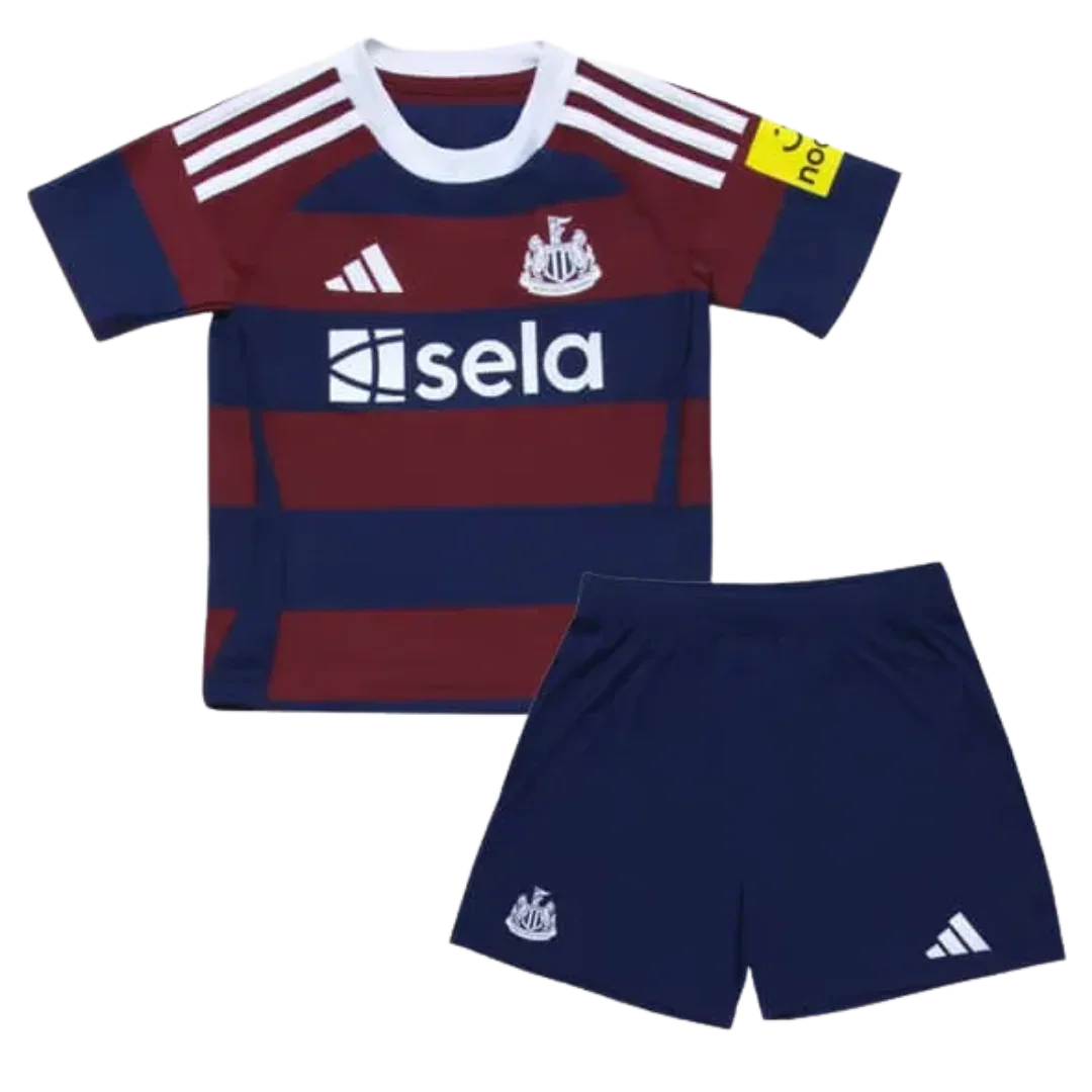 Kit oficial infantil Newcastle United Mini Mantos, camisa listrada Sela, shorts azul Adidas