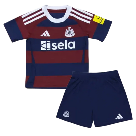 Kit oficial infantil Newcastle United Mini Mantos, camisa listrada Sela, shorts azul Adidas