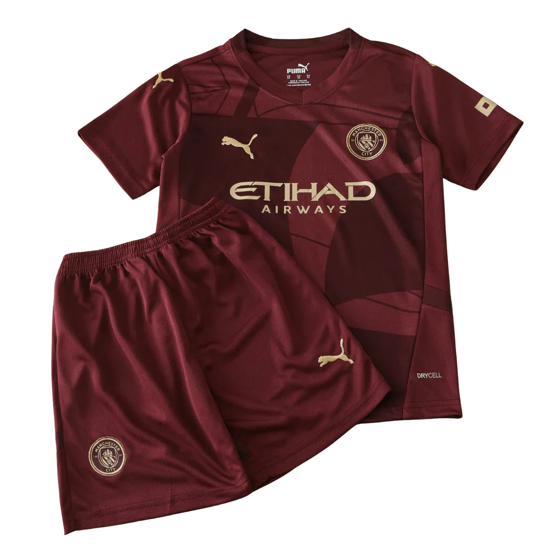 Kit infantil oficial Manchester City 4ª camisa Mini Mantos com shorts, cor vinho e dourado