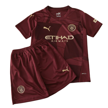 Kit infantil oficial Manchester City 4ª camisa Mini Mantos com shorts, cor vinho e dourado