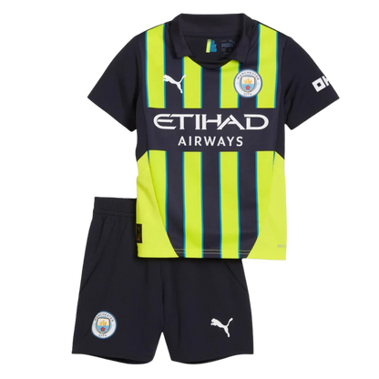 Kit oficial infantil Manchester City Mini Mantos, camisa e shorts escuros com listras amarelo/azul