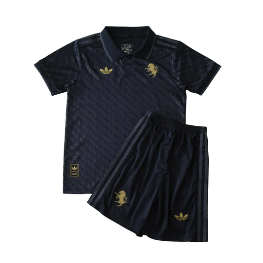 Kit oficial infantil Aston Villa Mini Mantos: camisa e shorts pretos com detalhes dourados
