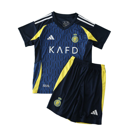 Kit infantil Al Nassr II 24/25 azul escuro com detalhes amarelos, estampado, com escudo, logo Adidas e KAFD.
