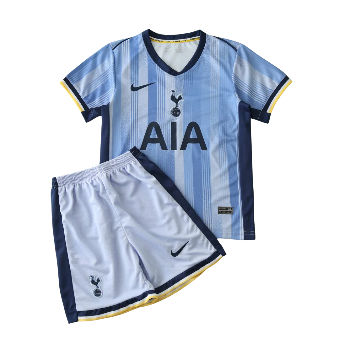 Mini Mantos: Kit oficial camisa infantil Tottenham Hotspur listrada azul clara e branca