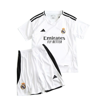 Kit infantil oficial Real Madrid Mini Mantos: camisa e shorts brancos para pequenos torcedores Adidas
