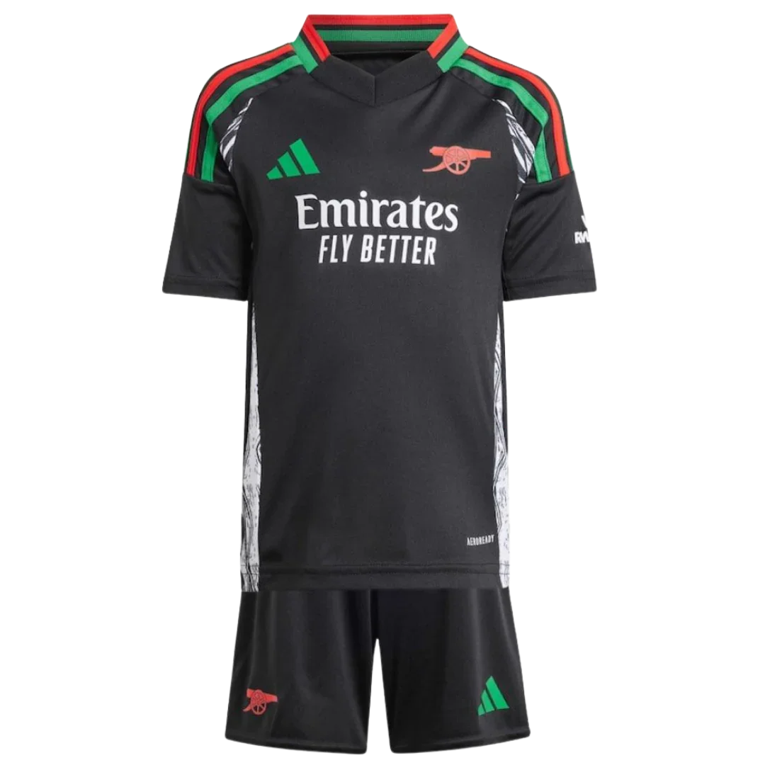 Mini Mantos: kit oficial infantil Arsenal, camisa e shorts pretos com detalhes verdes e vermelhos