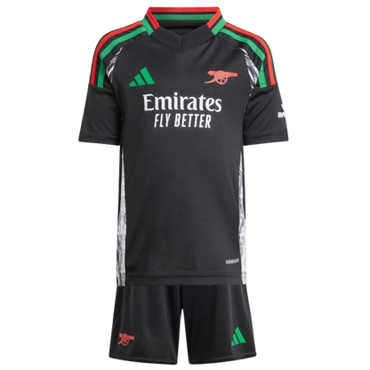 Mini Mantos: kit oficial infantil Arsenal, camisa e shorts pretos com detalhes verdes e vermelhos