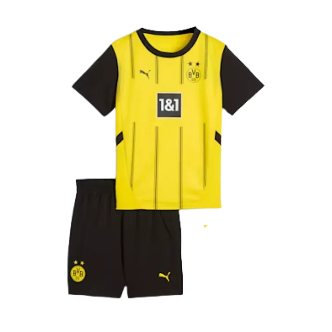 Kit oficial Mini Mantos infantil Borussia Dortmund. Camisa BVB amarela e shorts preto