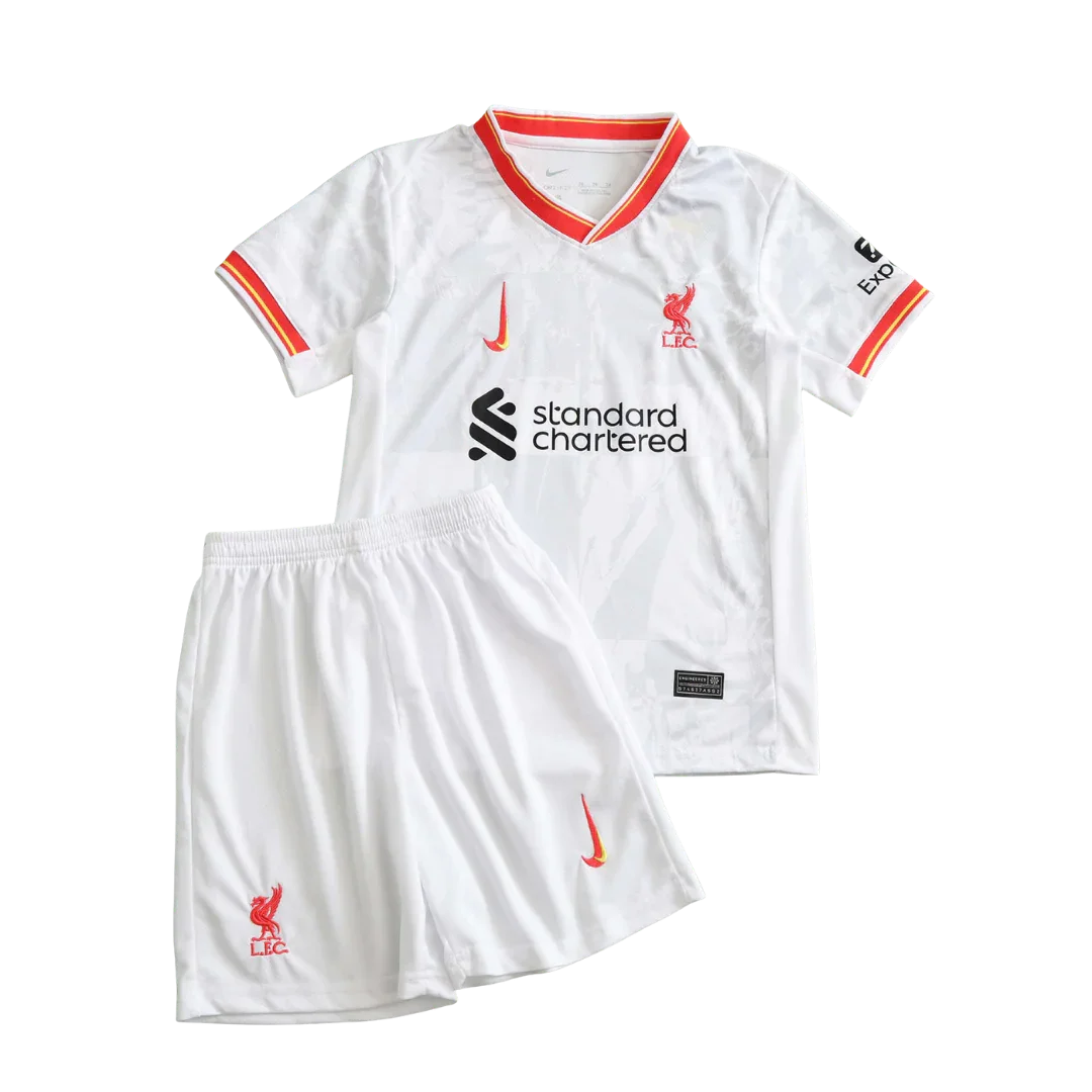 Kit infantil oficial Liverpool branca, camisa e shorts. Mini Mantos para a criançada torcer