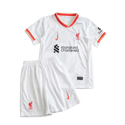 Kit infantil oficial Liverpool branca, camisa e shorts. Mini Mantos para a criançada torcer