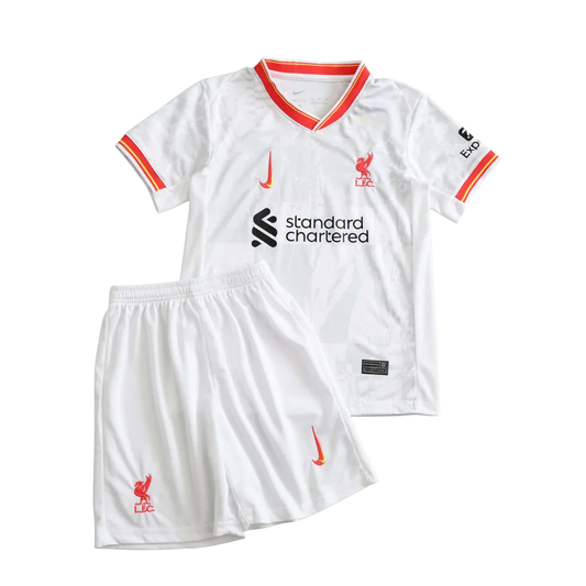 Kit infantil oficial Liverpool branca, camisa e shorts. Mini Mantos para a criançada torcer