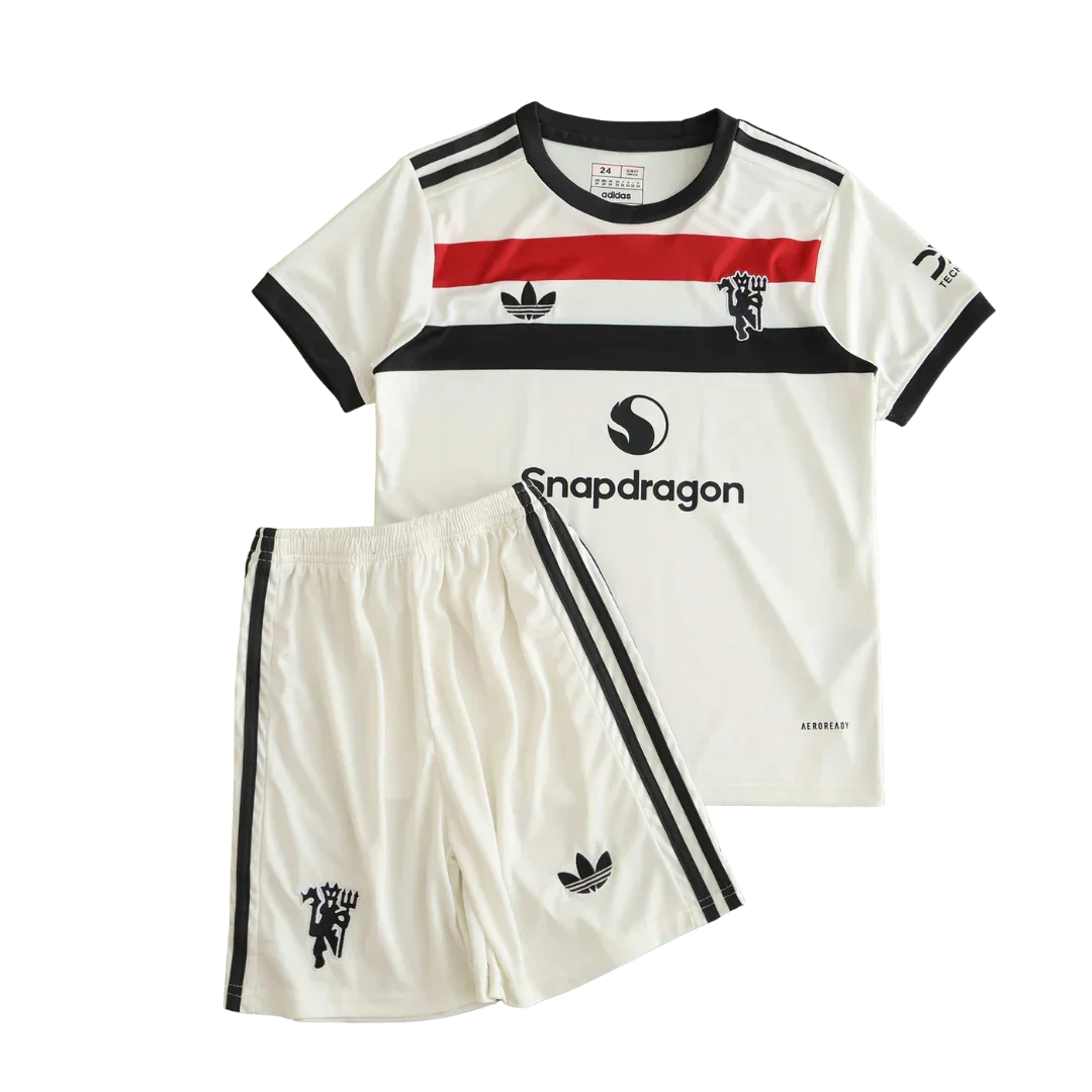 Mini Mantos oficial kit infantil Manchester United: camisa e shorts brancos com detalhes pretos e vermelhos Adidas