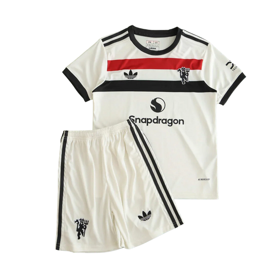 Mini Mantos oficial kit infantil Manchester United: camisa e shorts brancos com detalhes pretos e vermelhos Adidas