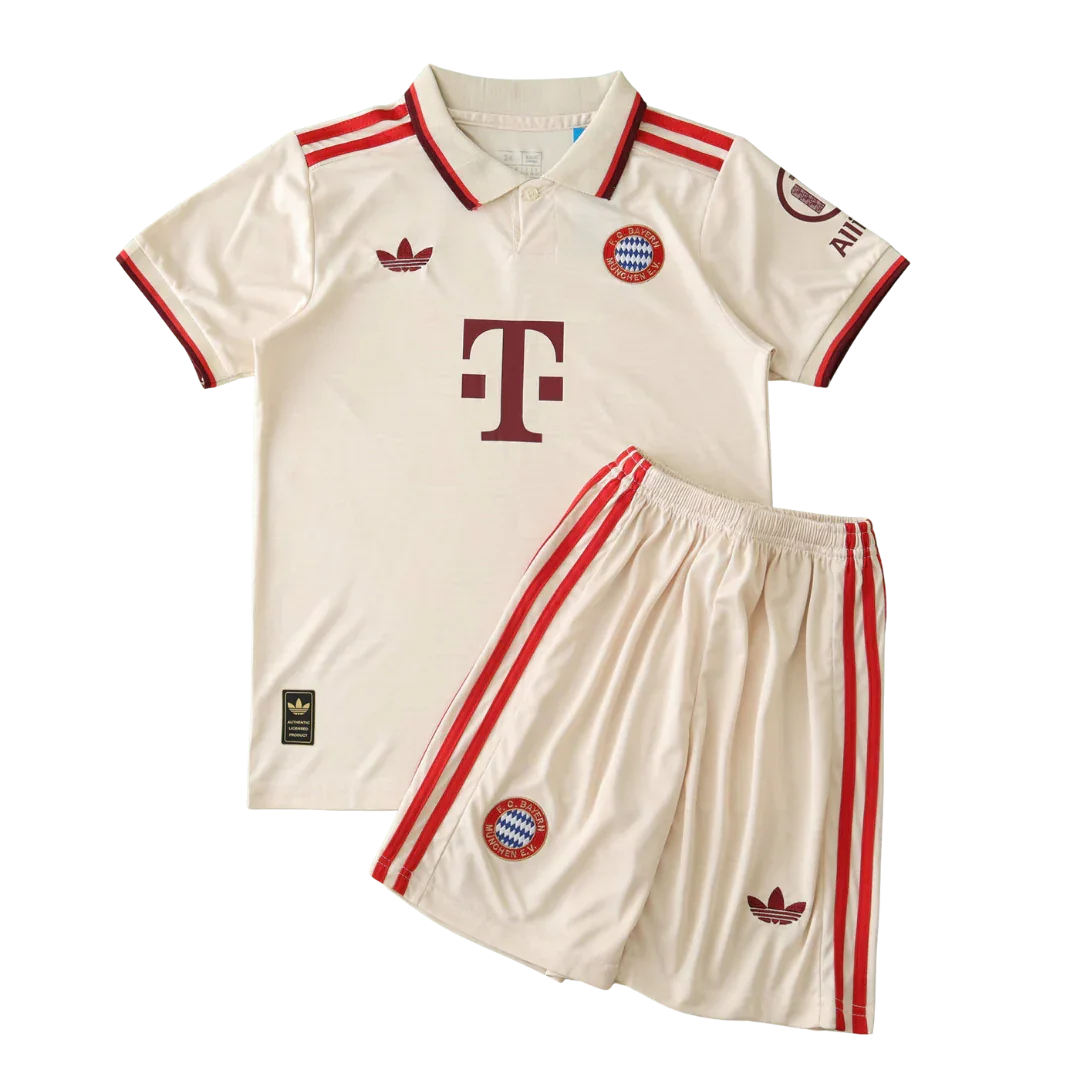 Kit oficial infantil Bayern de Munique Mini Mantos: camisa e shorts off-white com detalhes vermelhos