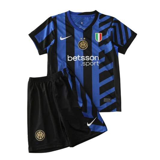 Kit infantil oficial Mini Mantos Inter de Milão, camisa preta e azul com shorts preto