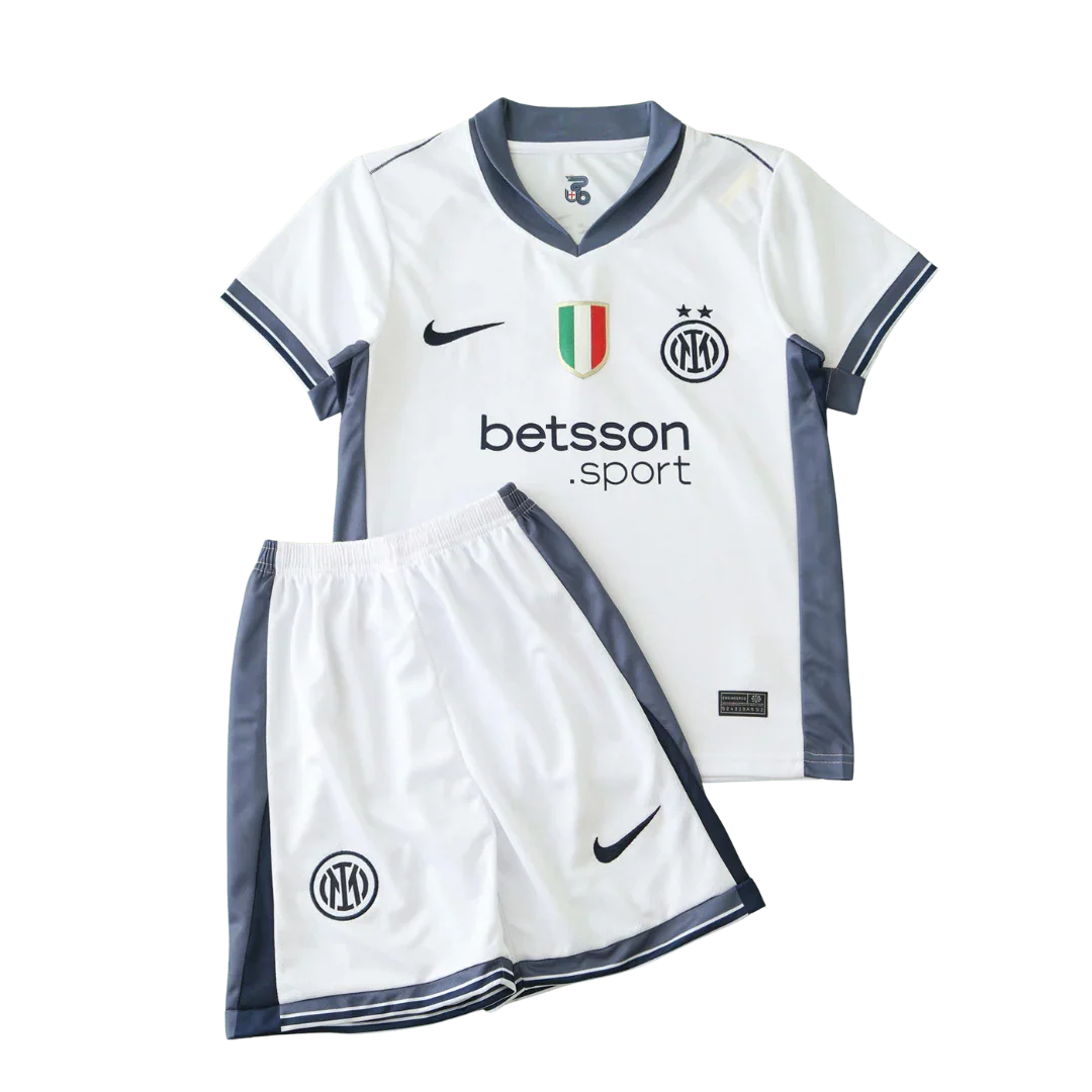 Mini Mantos kit oficial camisa infantil Inter Quarto uniforme branco e cinza com shorts