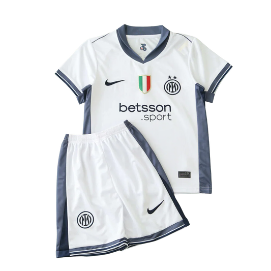 Mini Mantos kit oficial camisa infantil Inter Quarto uniforme branco e cinza com shorts