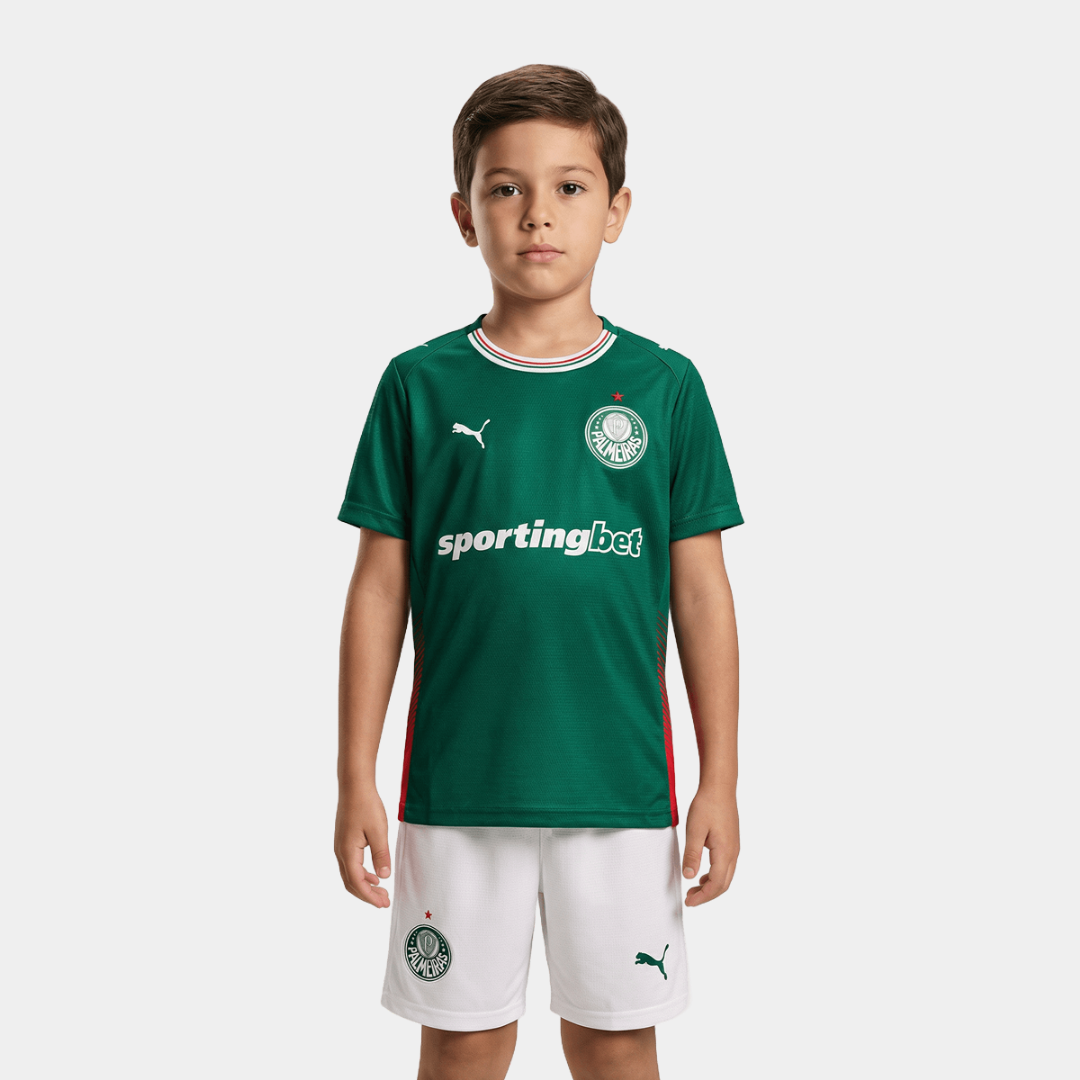 Close frontal de um menino posando seriamente, vestindo o kit infantil titular do Palmeiras na cor verde esmeralda, com gola careca branca e detalhes laterais em vermelho, acompanhado de calção branco com o escudo do clube e o logo da Puma.