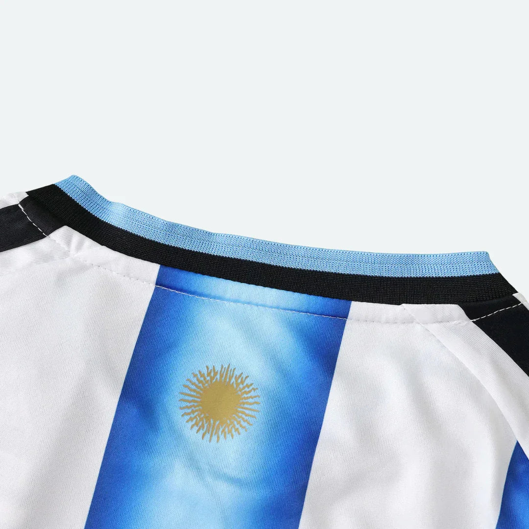 Parte superior traseira de uma camisa de futebol infantil da Argentina com listras verticais brancas e azuis-celeste, gola preta e o sol dourado.
