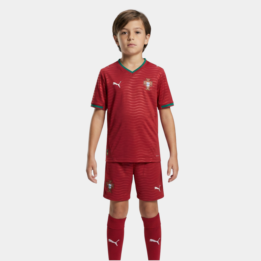 Kit Infantil Portugal I 2026 Copa do Mundo - Camisa e short oficial de futebol para crianças 2 a 14 anos - Mini Mantos