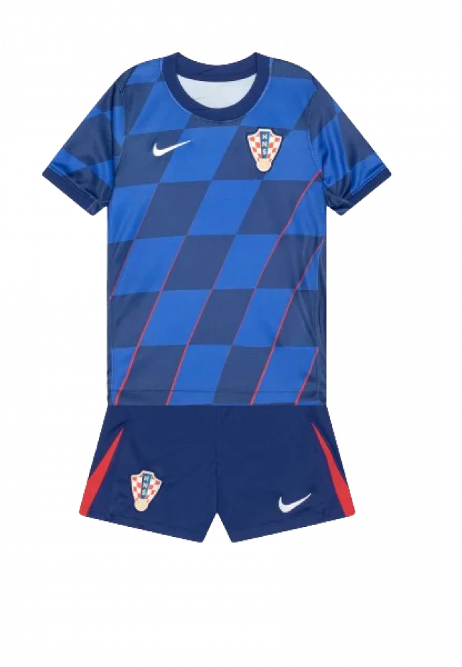 Kit infantil Croacia II 24/25, camisa azul xadrez com detalhes vermelhos e shorts azul marinho da Nike.