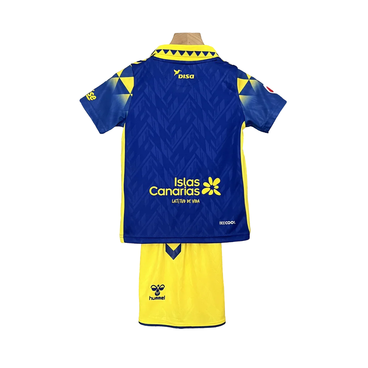 Kit oficial infantil UD Las Palmas Mini Mantos azul e amarelo, camisa e shorts