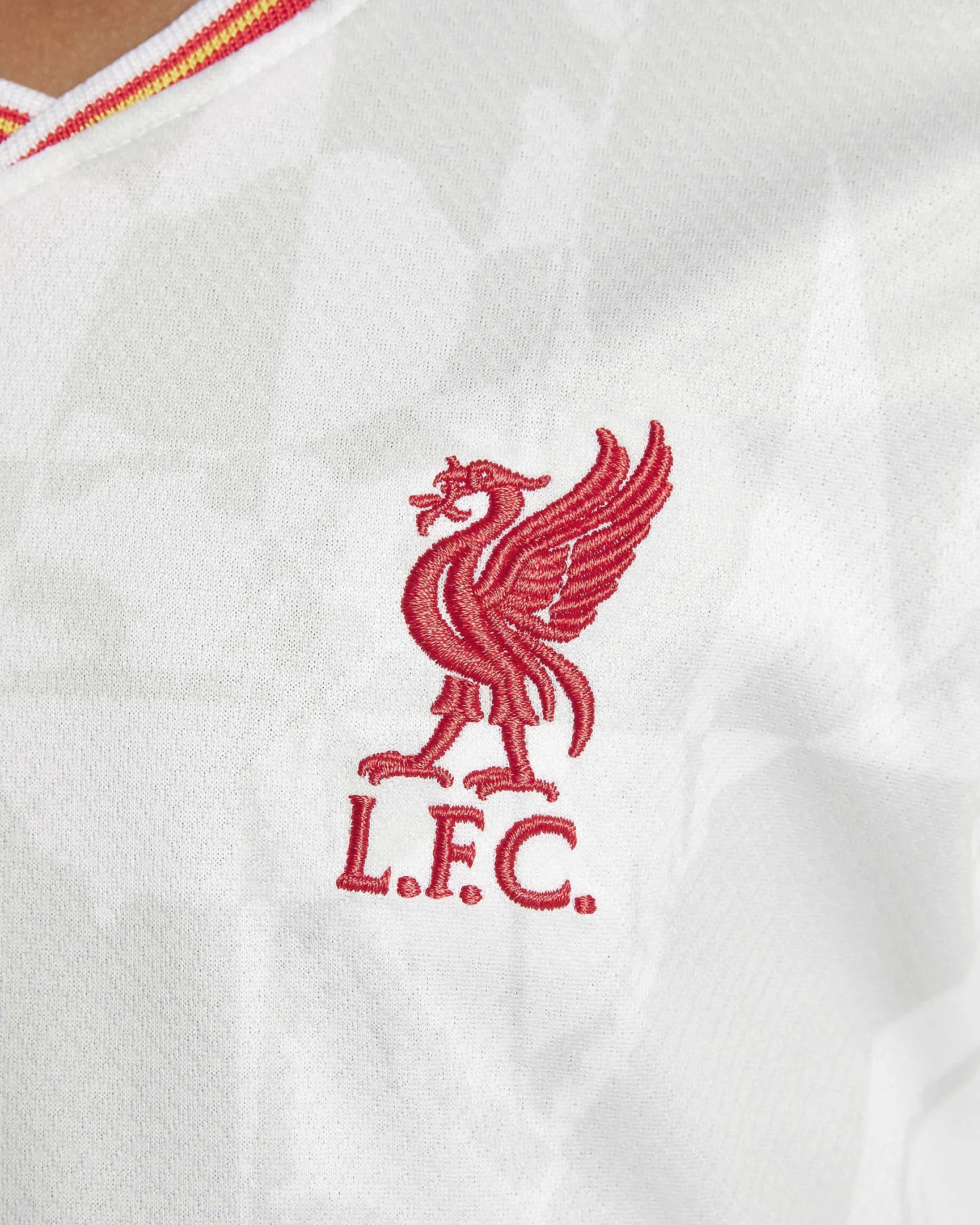 Camisa oficial Liverpool infantil, kit Mini Mantos branco, detalhes bordados do escudo LFC