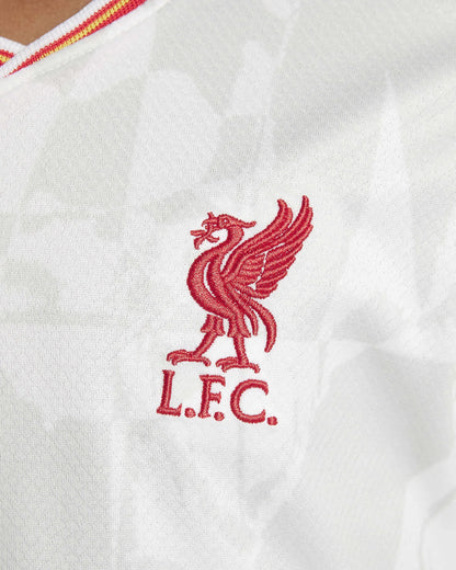 Camisa oficial Liverpool infantil, kit Mini Mantos branco, detalhes bordados do escudo LFC