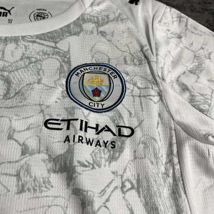 Camisa oficial Mini Mantos kit infantil Manchester City branca, Etihad Airways, para pequenos torcedores