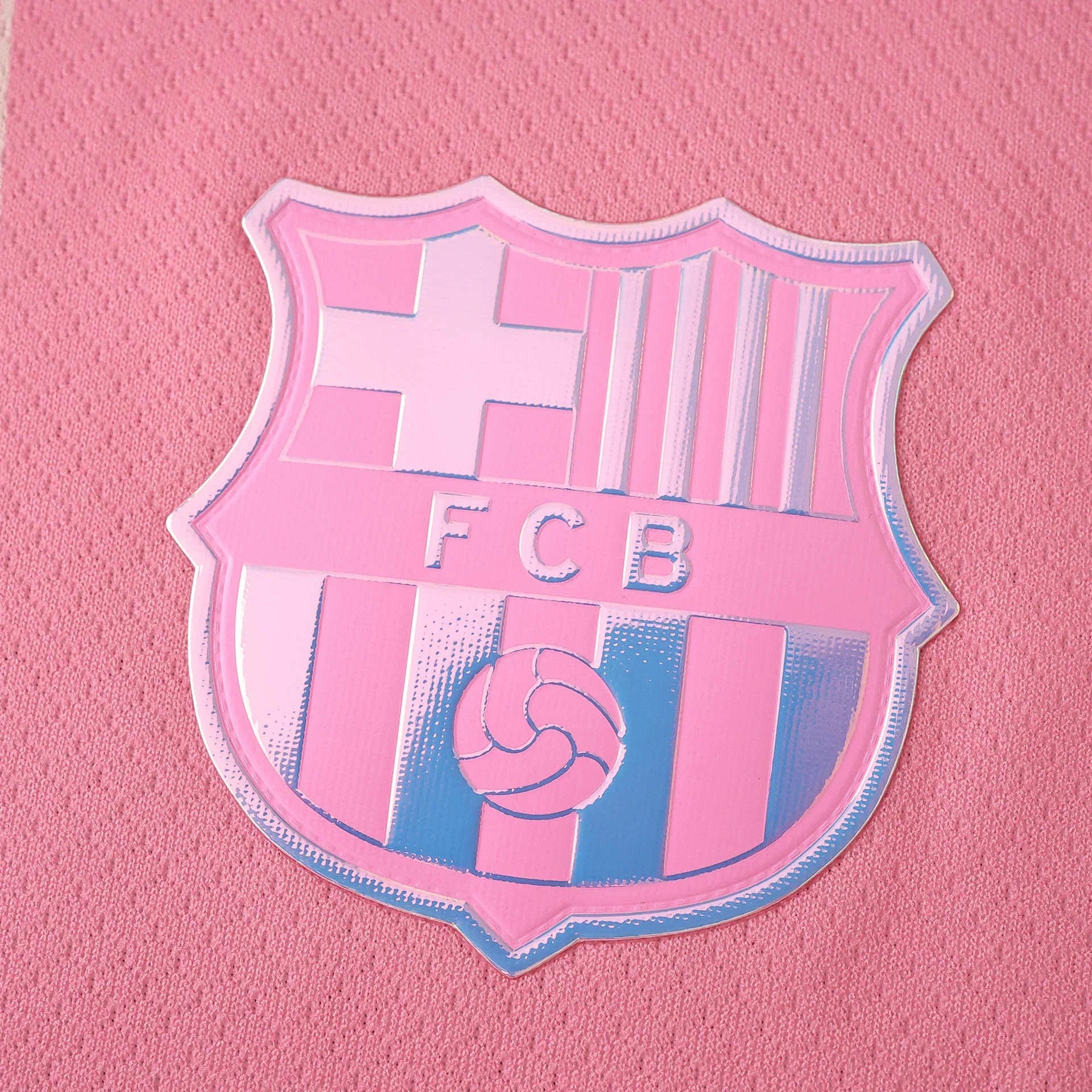 Camisa oficial FC Barcelona rosa infantil, kit Mini Mantos com escudo holográfico