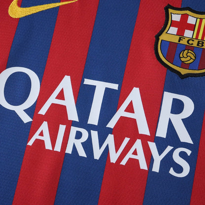 Camisa infantil oficial do kit Mini Mantos Barcelona, Nike, listras azul e vermelho, escudo e patrocinador Qatar Airways