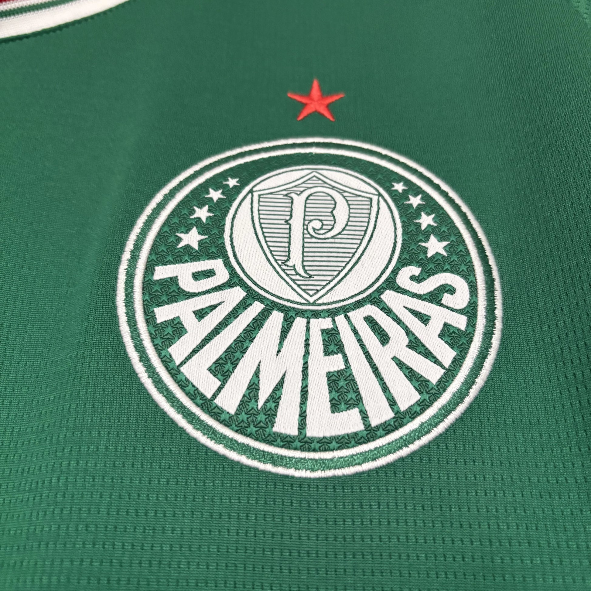 Close detalhado do escudo oficial do Palmeiras bordado em branco sobre o tecido verde da camisa, apresentando a estrela vermelha acima do emblema.