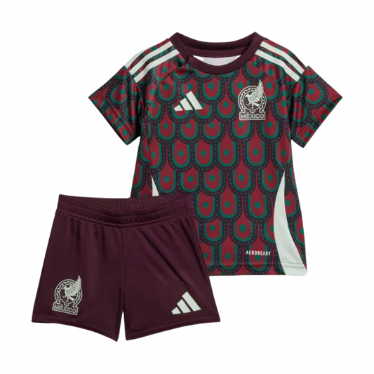 Kit infantil Mexico, camisa vinho com estampa em escamas verde-água, escudo e logo Adidas brancos. Calção vinho com escudo e logo brancos.